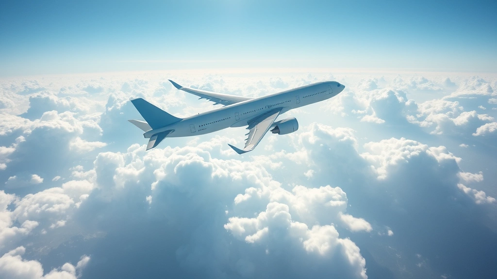 Commercial airplane in flight against clear blue sky with white clouds below, sunlight reflecting off fuselage, modern jet aircraft in cruise altitude, peaceful aerial perspective showing aircraft stability and design