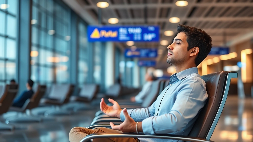 Person practicing breathing meditation in airport lounge, seated comfortably in modern chair, relaxed posture, soft ambient lighting, peaceful travel hub setting