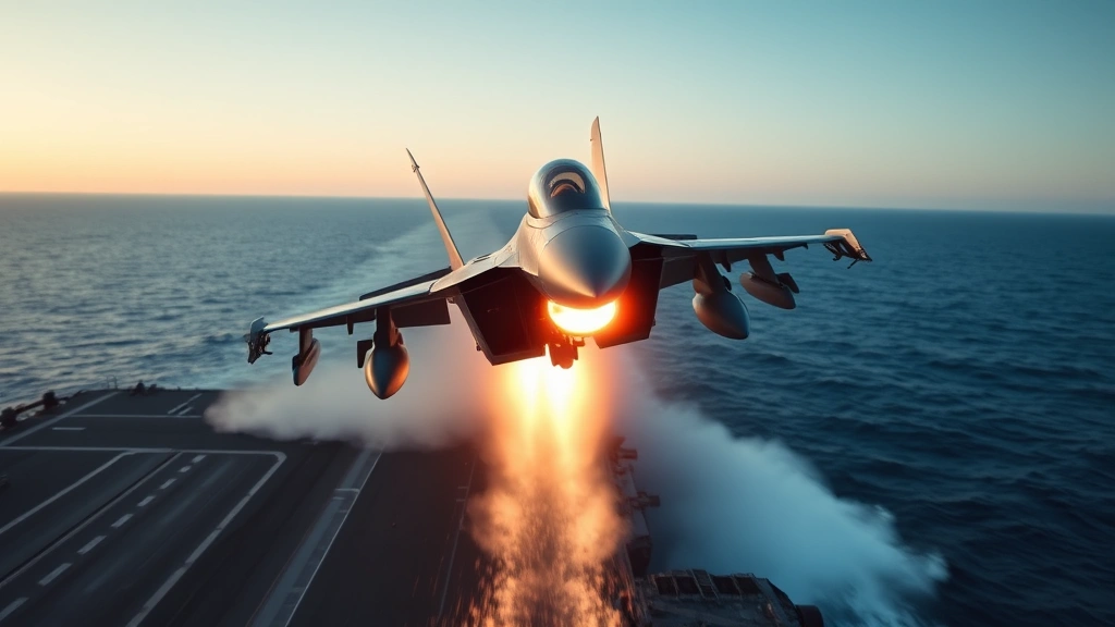 Military fighter jet launching from aircraft carrier catapult at dawn, full afterburner flame visible, blue ocean background, action-packed perspective showing G-force intensity
