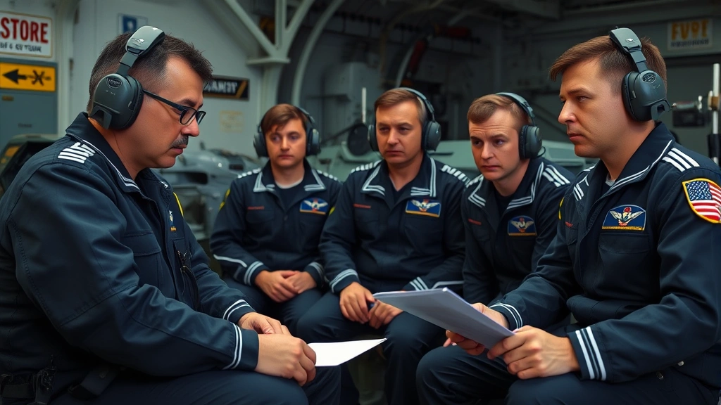Naval pilots in flight suits reviewing mission briefing in ready room, serious expressions, military equipment visible, professional military aviation environment