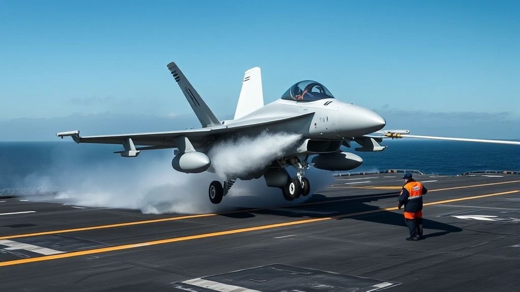 F/A-18 Super Hornet landing on carrier deck with arresting wire engagement, dramatic spray and motion captured, flight deck personnel in colored jerseys directing operations