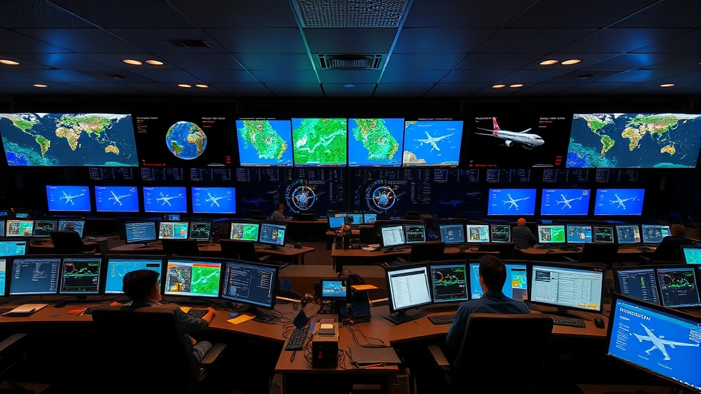 Modern airline operations center with multiple flight dispatchers monitoring screens displaying real-time weather maps, flight tracking systems, and aircraft data at night, professional control room atmosphere with blue and green monitor glows
