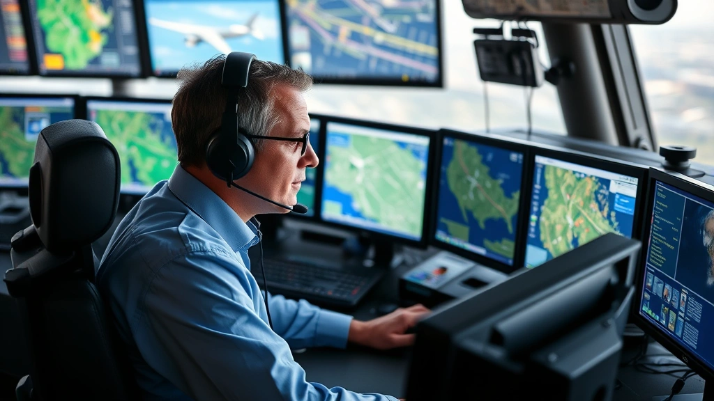 Experienced flight dispatcher in headset communicating with pilots, surrounded by multiple computer monitors showing weather patterns and flight routes, focused concentration during operational decision-making