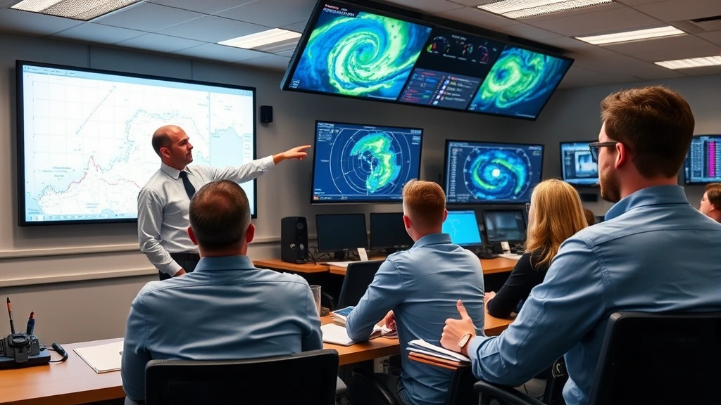 Flight dispatcher training classroom with instructor pointing to weather systems and aviation charts on large display screens, students taking notes and studying complex meteorological data for certification