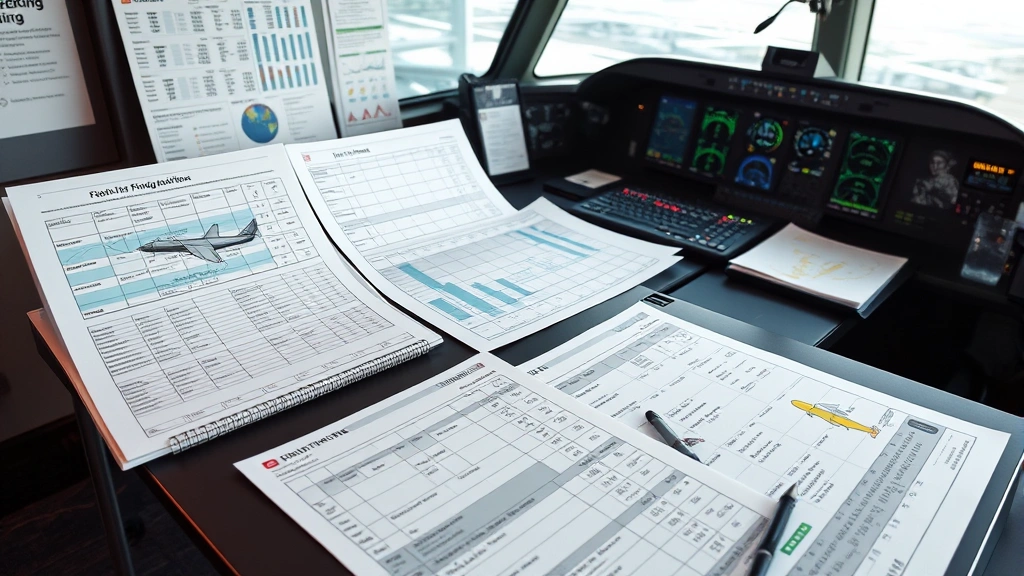 Detailed aircraft flight plan documentation on desk with weather briefing charts, fuel calculation sheets, and navigation maps in modern dispatch office