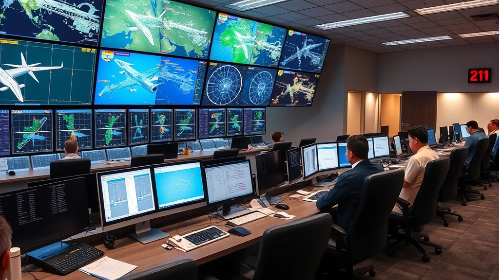 Modern airport dispatch control center with multiple computer monitors displaying flight tracking systems, weather radar, and flight plan information, professional dispatchers working at stations, high-tech aviation operations room environment