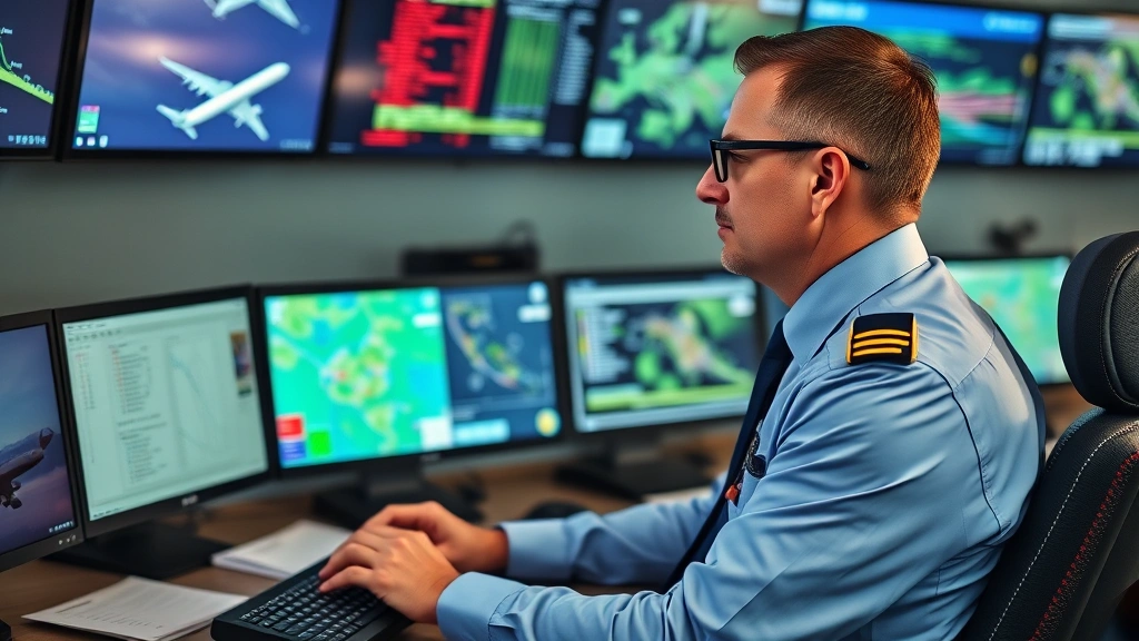 Experienced flight dispatcher in professional uniform studying weather maps and flight plans at dispatch workstation, focused on computer screens showing aircraft routes and meteorological data, realistic aviation operations setting