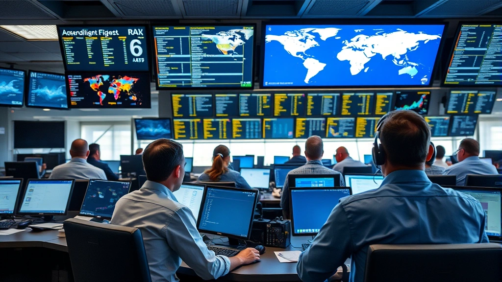 Busy airline dispatch center with multiple staff members coordinating flights, communication equipment, and real-time monitoring systems displaying global flight operations, professional aviation control room atmosphere