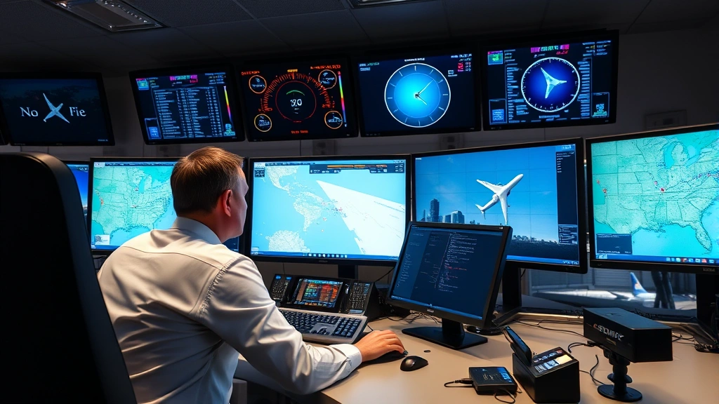 Professional flight dispatcher sitting at control station with multiple computer monitors displaying flight tracking maps, weather radar, and aircraft data in modern airline operations center