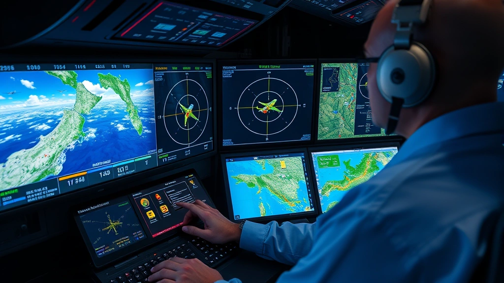 Close-up of flight dispatcher analyzing weather patterns and flight routes on sophisticated aviation software with meteorological charts and real-time aircraft positions