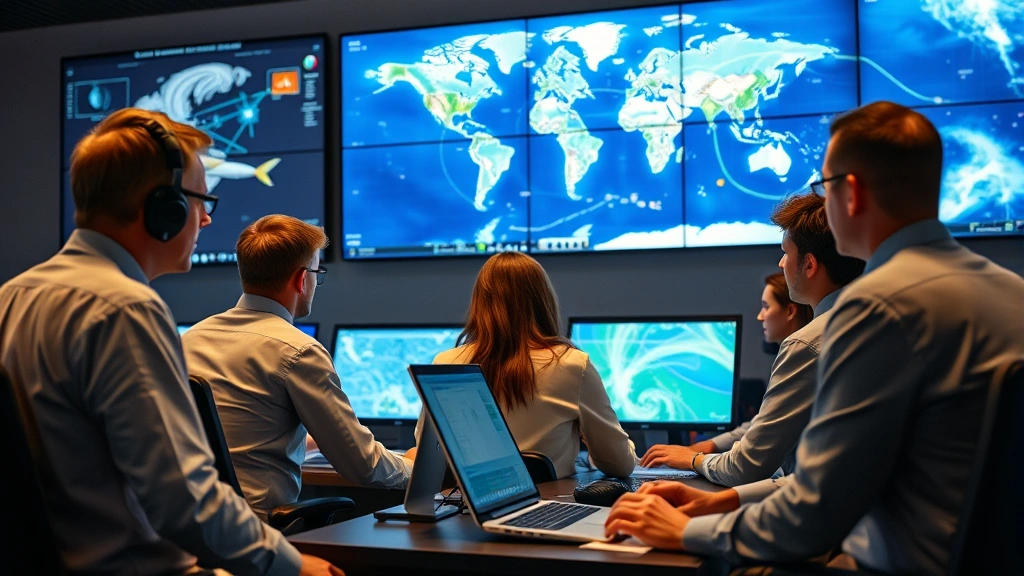 Diverse team of flight dispatchers collaborating in state-of-the-art operations control room with illuminated wall displays showing worldwide flight paths and weather systems