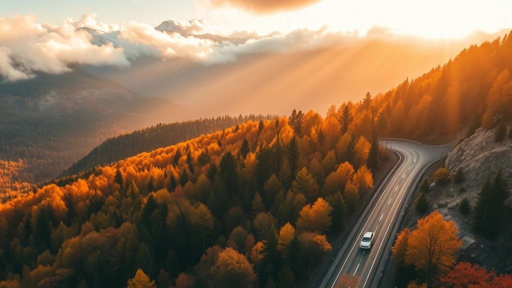 Aerial view of a winding mountain highway cutting through autumn forest with a single car driving, golden sunlight streaming through clouds
