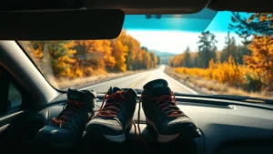 Well-worn hiking boots and running shoes placed on a car's dashboard with an open road stretching ahead through autumn foliage, sunlight streaming through windshield, photorealistic travel photography