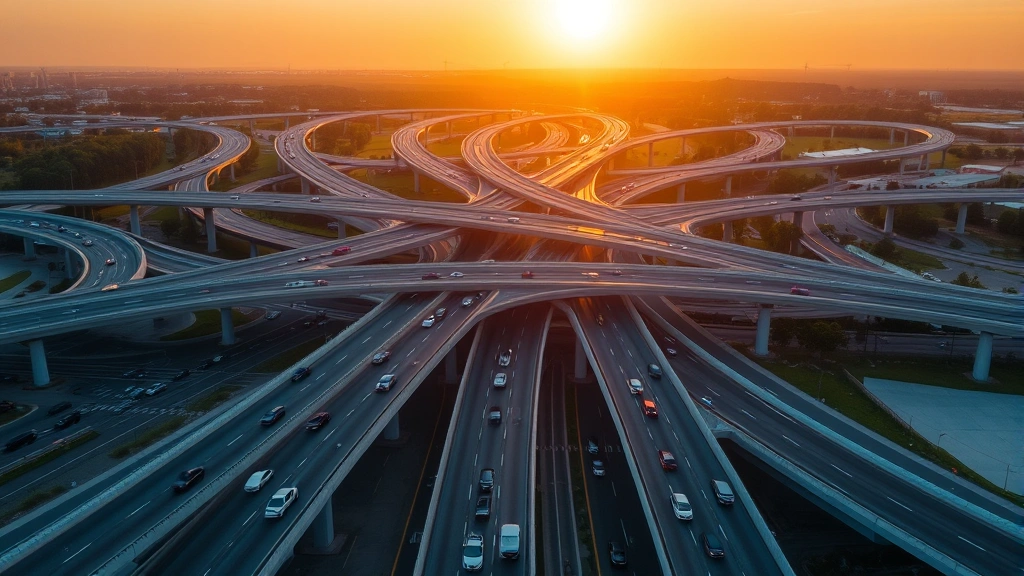 Aerial view of a modern highway interchange with multiple lanes of traffic flowing smoothly during golden hour sunset, cars traveling in organized patterns