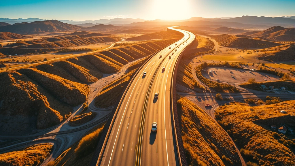 Aerial view of a modern highway stretching through diverse landscapes with cars traveling, golden hour lighting, vibrant scenery with mountains or countryside visible on both sides, photorealistic travel photography