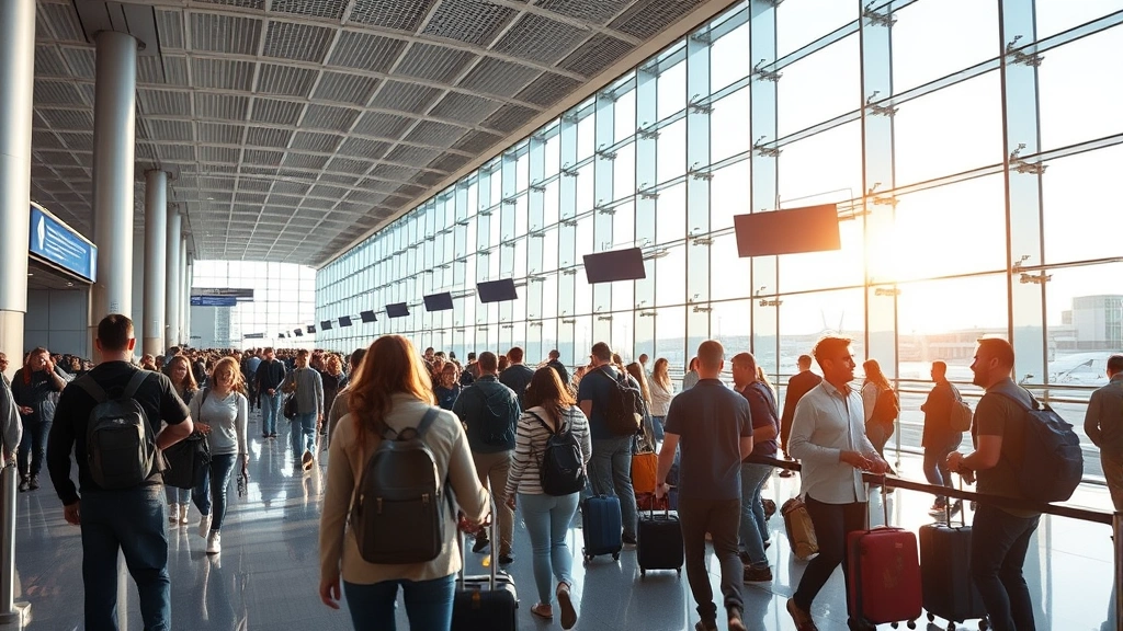 Busy airport terminal with travelers checking in, modern glass architecture, natural daylight, bustling energy and movement