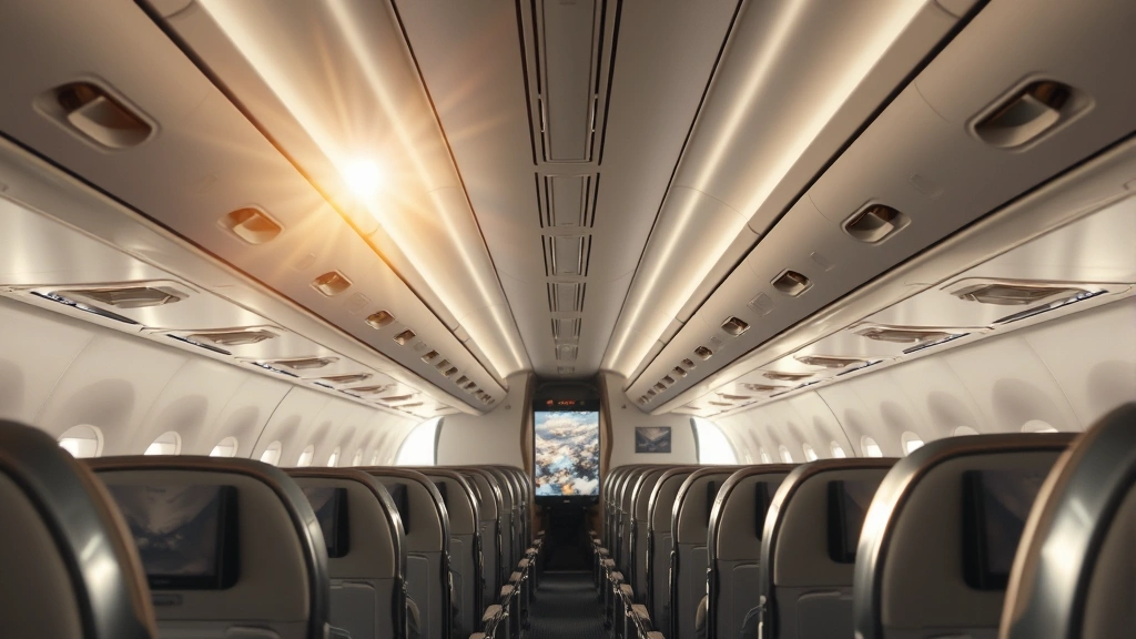 Interior cabin view of commercial airplane with rows of seats and overhead compartments, sunlight streaming through windows showing clouds below
