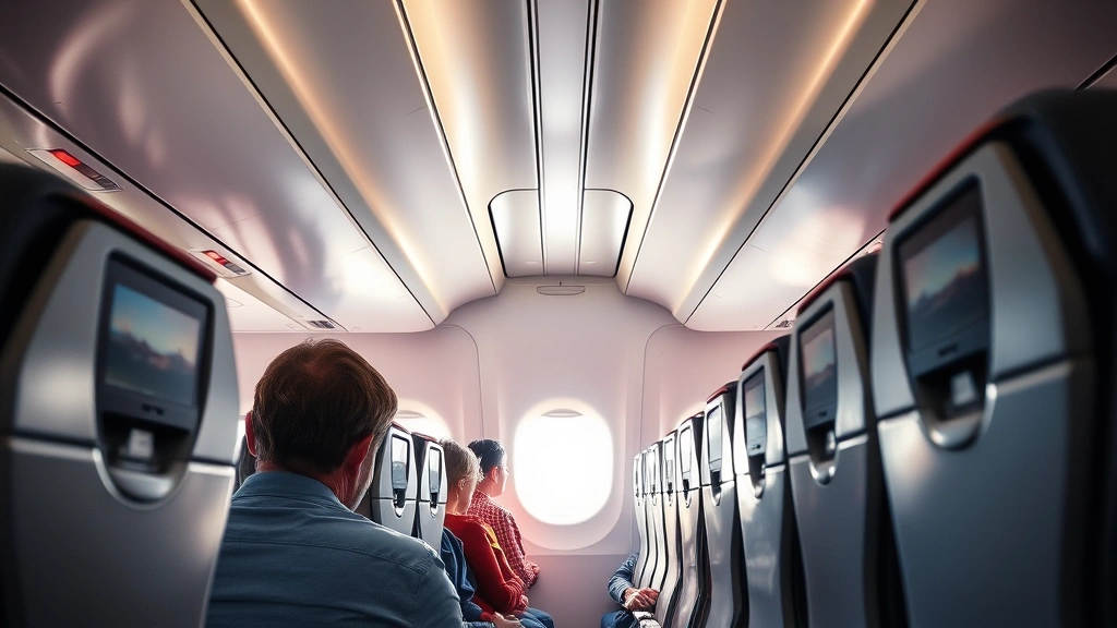 Interior of a commercial aircraft cabin with passengers seated, natural window light streaming in, modern airline seating visible, comfortable and spacious composition, professional travel imagery