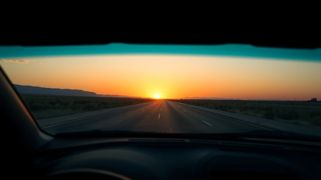 Open road perspective from car windshield at sunset, golden hour light illuminating empty highway stretching toward horizon, scenic landscape ahead