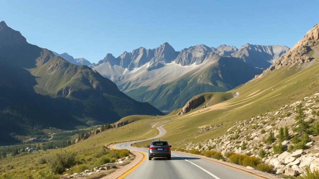 Scenic mountain road winding through dramatic peaks and valleys with a solo car traveling through pristine wilderness landscape during daytime