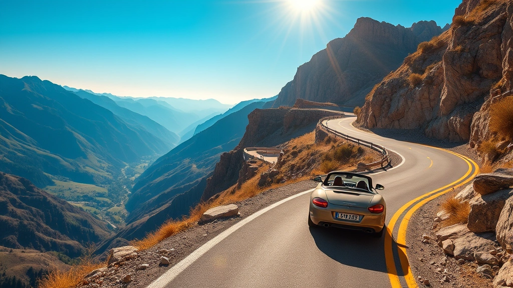Scenic mountain road with a convertible car driving through winding curves, stunning valley views below, clear blue sky, golden sunlight, adventure travel aesthetic, photorealistic landscape photography