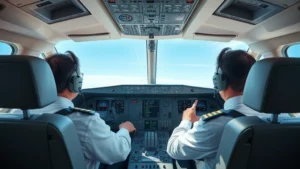 Professional commercial airline cockpit interior with pilots at controls during daytime flight, realistic instrument panels and windows showing sky, modern aircraft design, no text visible