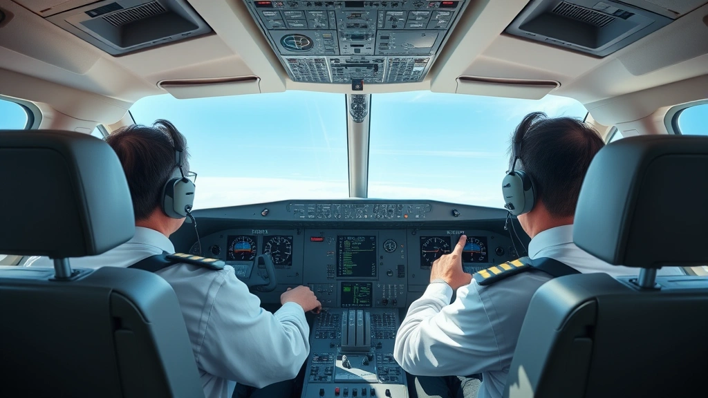 Professional commercial airline cockpit interior with pilots at controls during daytime flight, realistic instrument panels and windows showing sky, modern aircraft design, no text visible