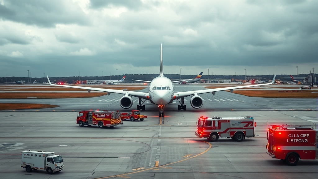 Dramatic wide-angle view of commercial aircraft on active runway with emergency vehicles and fire trucks positioned nearby, overcast sky, photorealistic emergency response scene, no signage readable