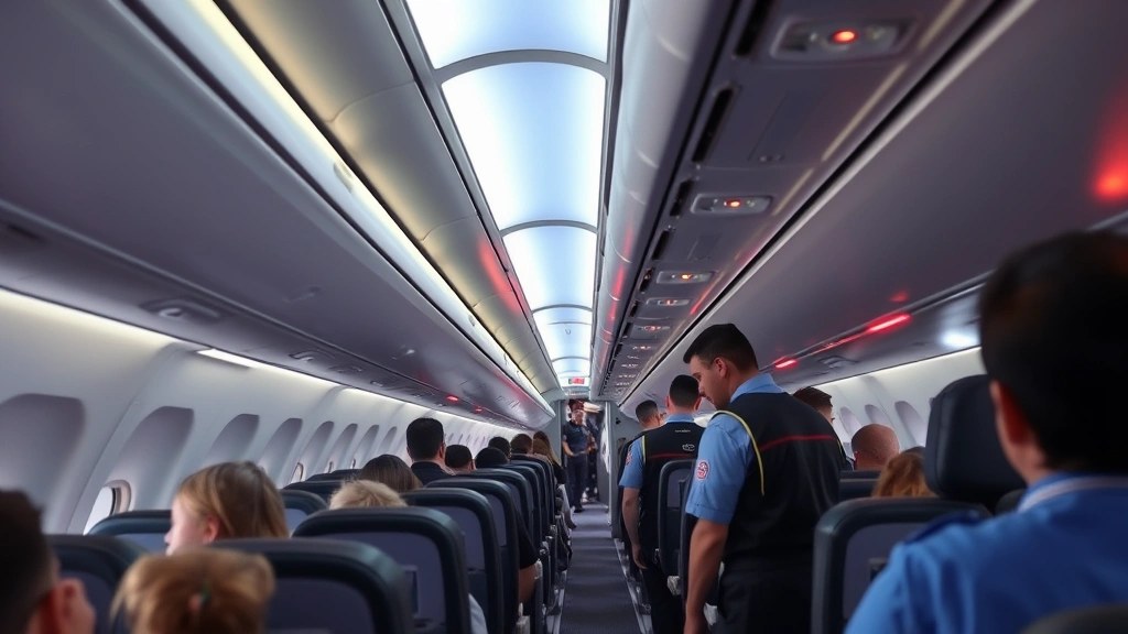 Interior cabin view during emergency evacuation with passengers using emergency slide exits, professional flight attendants assisting, realistic emergency lighting and safety equipment, no identifiable individuals