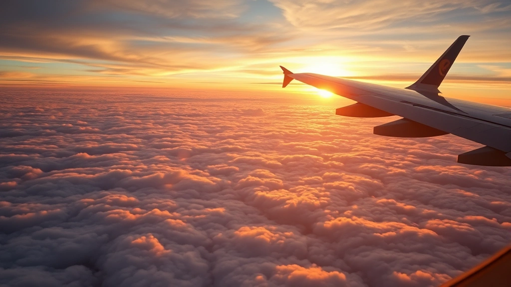 Aerial view of a commercial airplane in flight above white clouds during golden hour sunset, wing visible with stunning cloudscape below