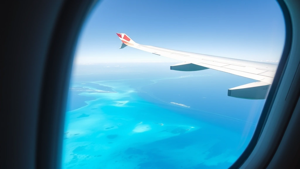Close-up of a passenger window seat showing a vibrant turquoise ocean destination below with airplane wing extending across frame