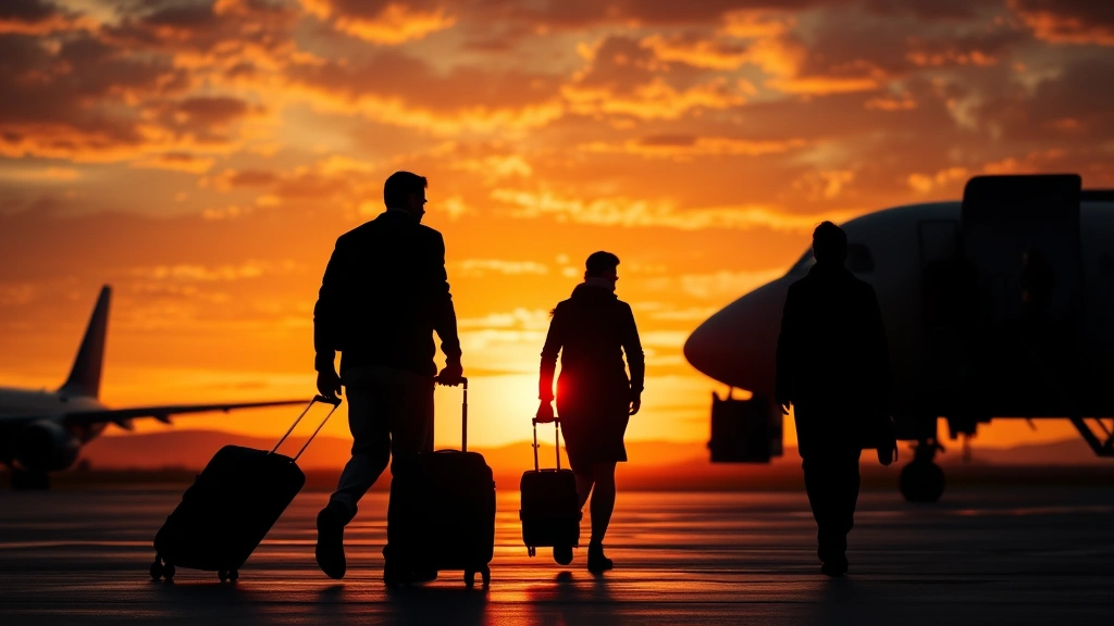 Silhouette of travelers with luggage walking toward an airplane at sunset on tarmac, dramatic sky with airplane in background