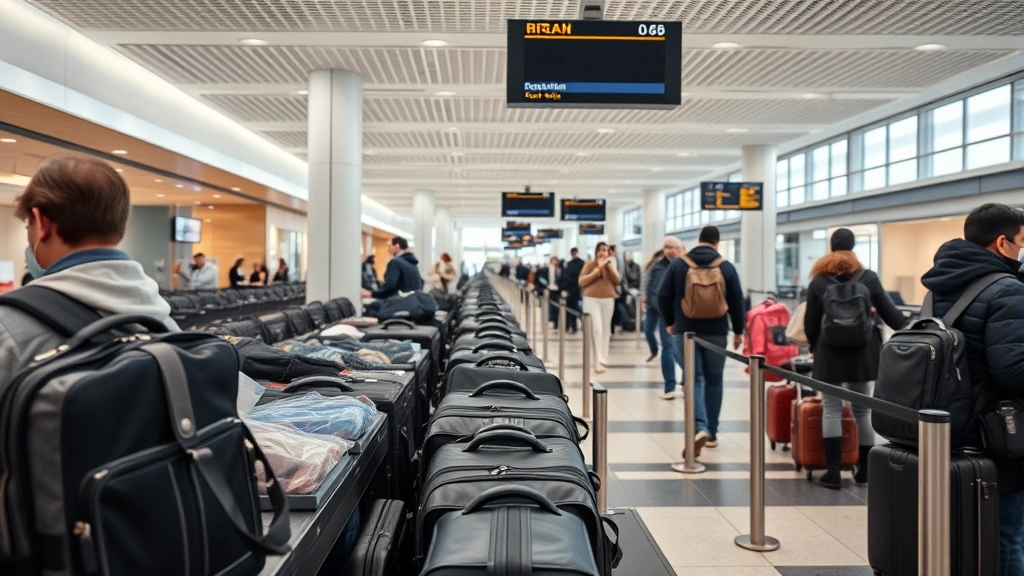 Airport security checkpoint area with organized carry-on bags, TSA liquids pouch visible, travelers moving efficiently through modern terminal, clean professional environment