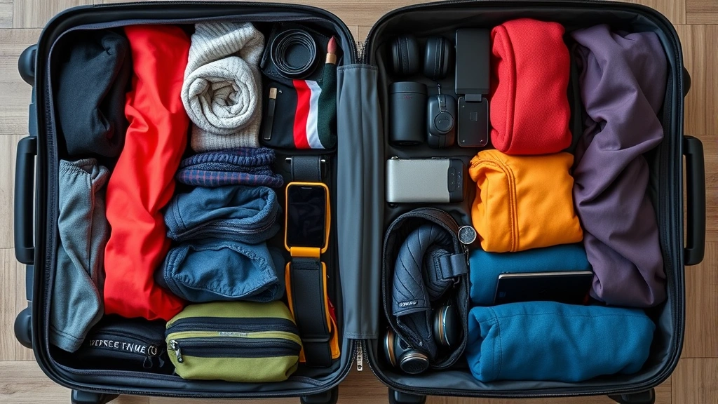 Packed suitcase overhead view showing compartmentalized organization with packing cubes, rolled clothes, and tech accessories, color-coordinated clothing items, efficient layout