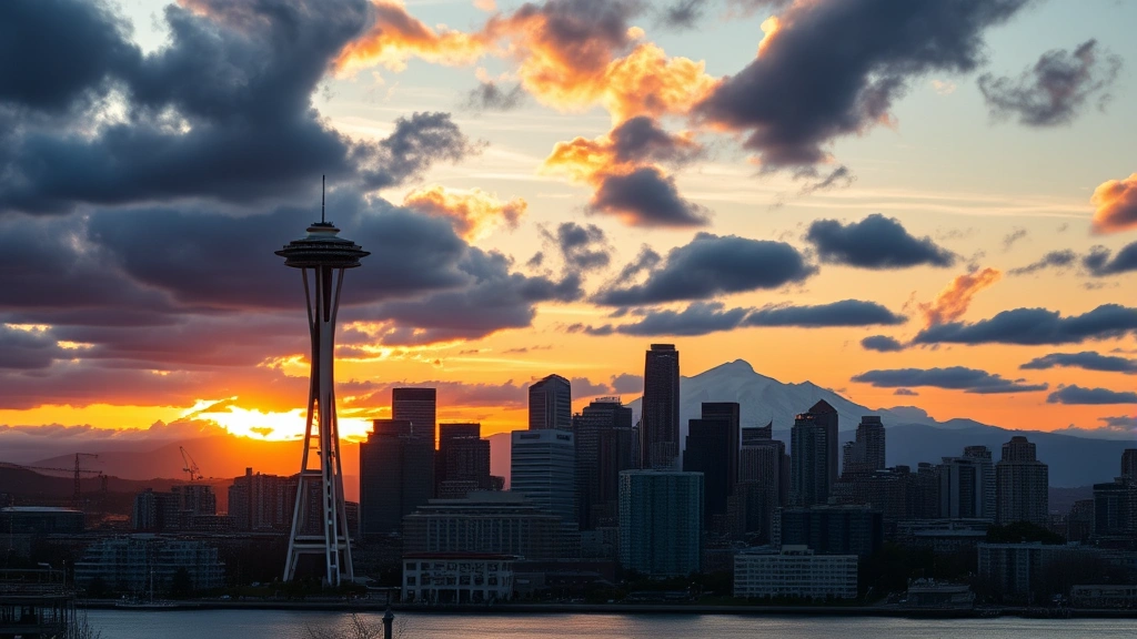 Seattle skyline with Space Needle at golden hour, Elliott Bay waterfront reflecting sunset, Mount Rainier visible in background, dramatic cloudy sky, vibrant urban landscape