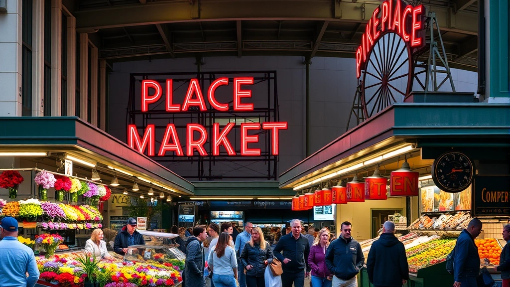 Pike Place Market Seattle bustling with vendors and tourists, colorful flower displays and produce stalls, historic neon sign visible, authentic Pacific Northwest atmosphere, daytime activity