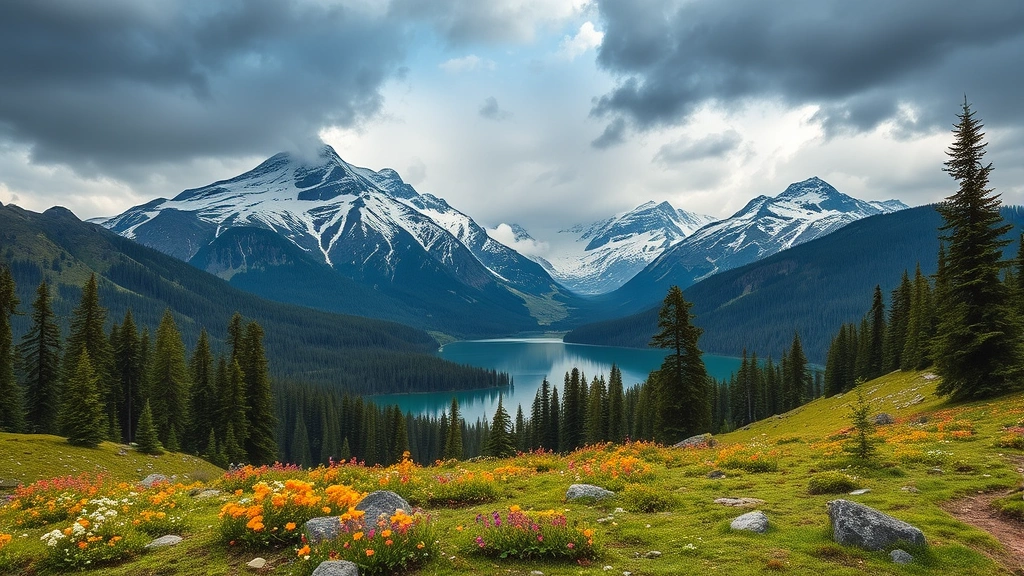 Washington mountain landscape with snow-capped peaks, dense evergreen forests, alpine meadow with wildflowers, pristine lake reflection, dramatic dramatic cloudy weather, wilderness adventure scene