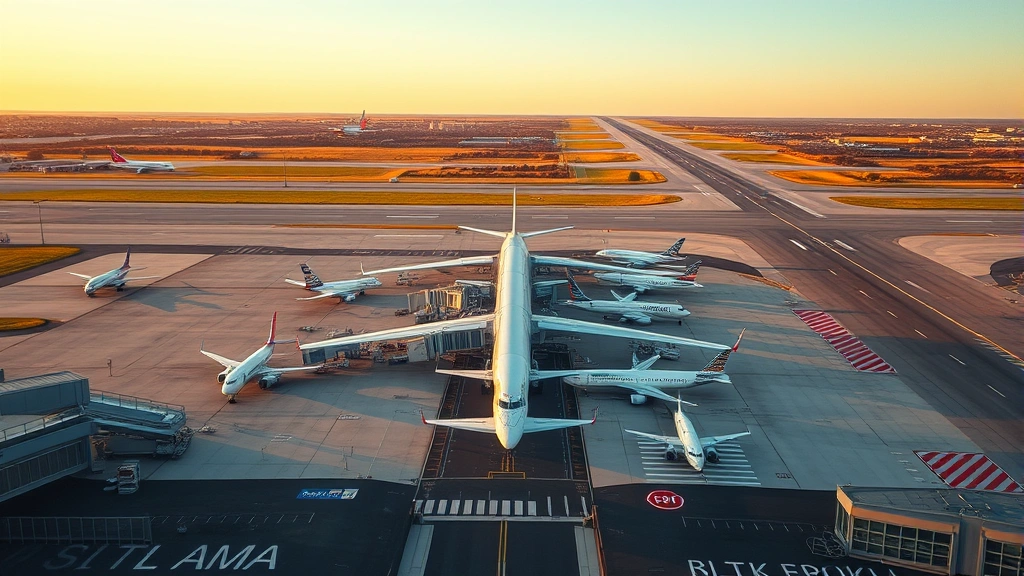 Aerial view of a modern airport terminal with multiple aircraft parked at gates, showing runway, taxiway markings, and surrounding landscape at golden hour