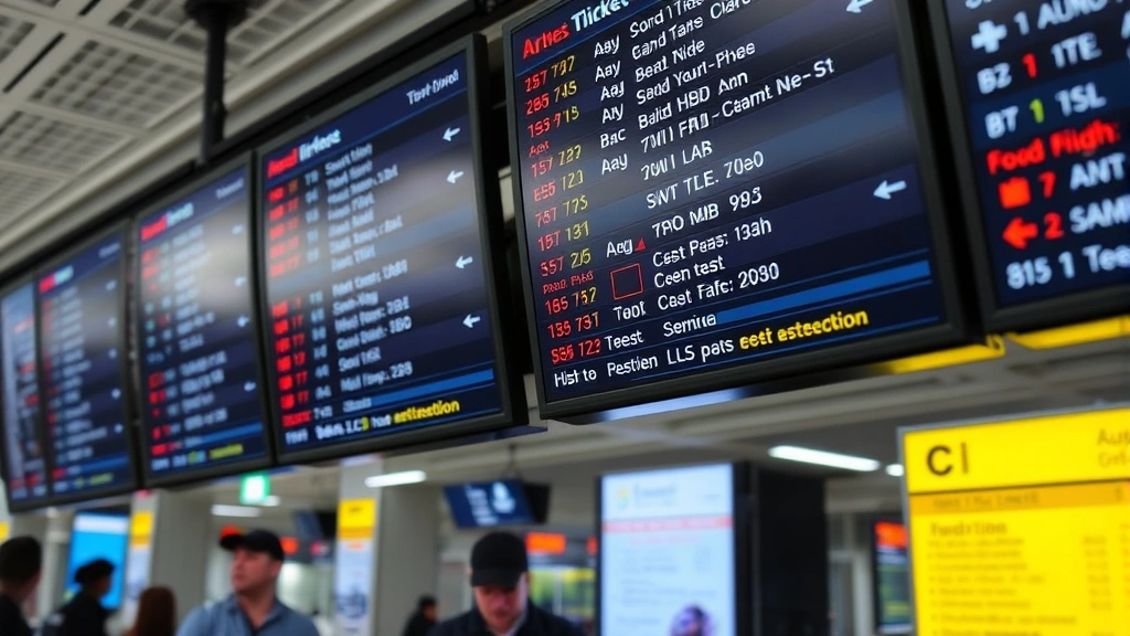 Close-up of airline ticket counter with digital display boards showing flight information, departure times, and destinations in multiple languages, busy airport environment