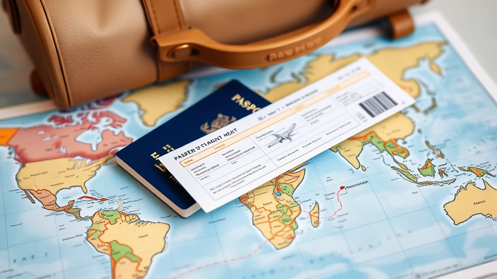 Passport and boarding pass on top of a world map with flight route marked, travel documents arranged artfully with luggage in background, travel planning aesthetic