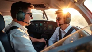Professional flight instructor teaching student pilot in cockpit of small aircraft, focused concentration, modern avionics dashboard visible, morning sunlight streaming through windscreen