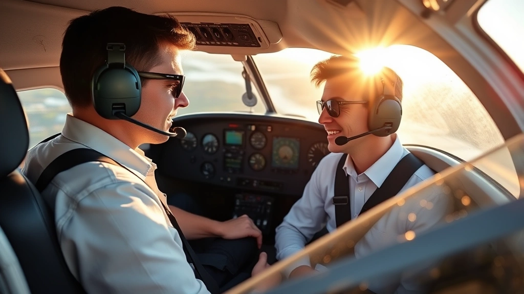 Professional flight instructor teaching student pilot in cockpit of small aircraft, focused concentration, modern avionics dashboard visible, morning sunlight streaming through windscreen