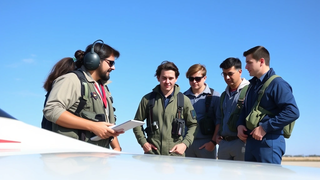 Group of diverse flight students with instructor examining aircraft exterior during pre-flight briefing, blue sky background, professional aviation training environment