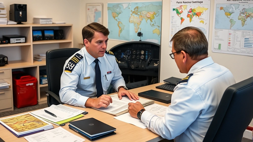 Flight instructor demonstrating procedure at desk with flight training materials, laptop showing flight simulator, organized training facility with aviation charts on walls