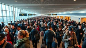 Crowded airport terminal with passengers rushing through with luggage, capturing the chaotic energy of modern air travel and boarding preparation moments