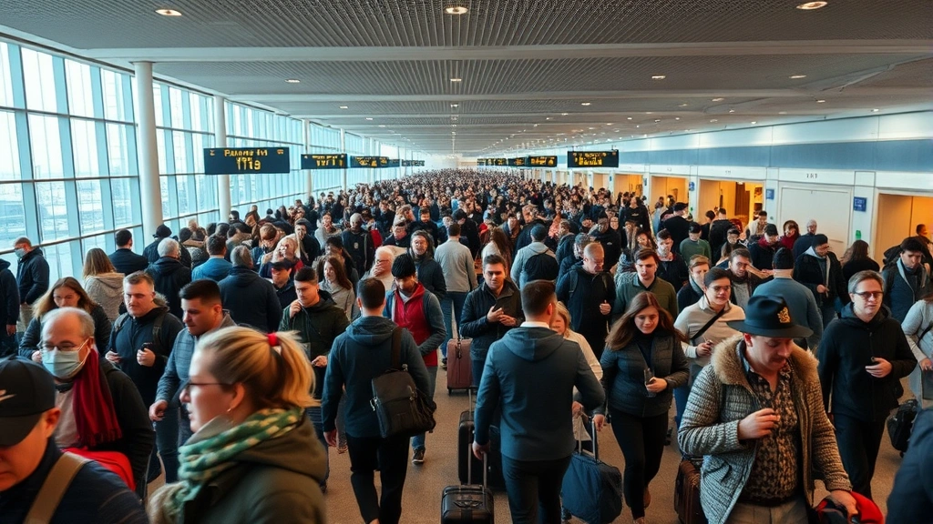 Crowded airport terminal with passengers rushing through with luggage, capturing the chaotic energy of modern air travel and boarding preparation moments