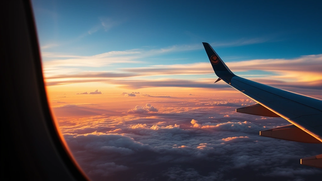 Airplane window view during golden hour flight showing dramatic clouds and sky, representing the magical moments of air travel that inspire aviation humor and wonder