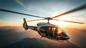 Helicopter emergency medical service in flight over mountainous terrain, medical equipment visible through open door, paramedics and flight nurse working, dramatic aerial perspective, golden hour lighting, action-focused composition