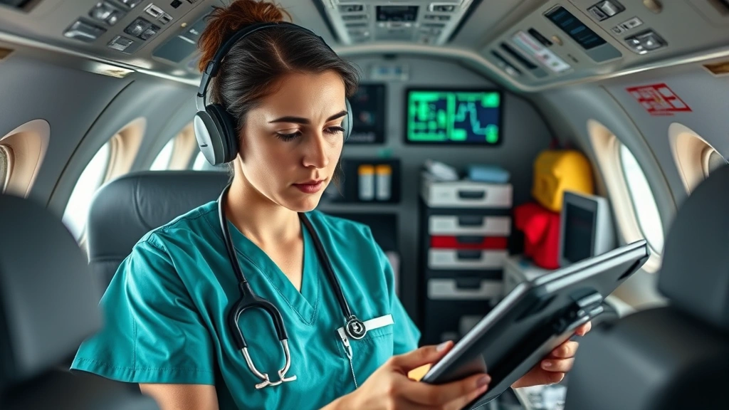 Flight nurse checking medical equipment and monitors inside aircraft cabin, concentrated expression, professional medical setting in confined space, emergency supplies organized in background, realistic clinical environment, natural cabin lighting