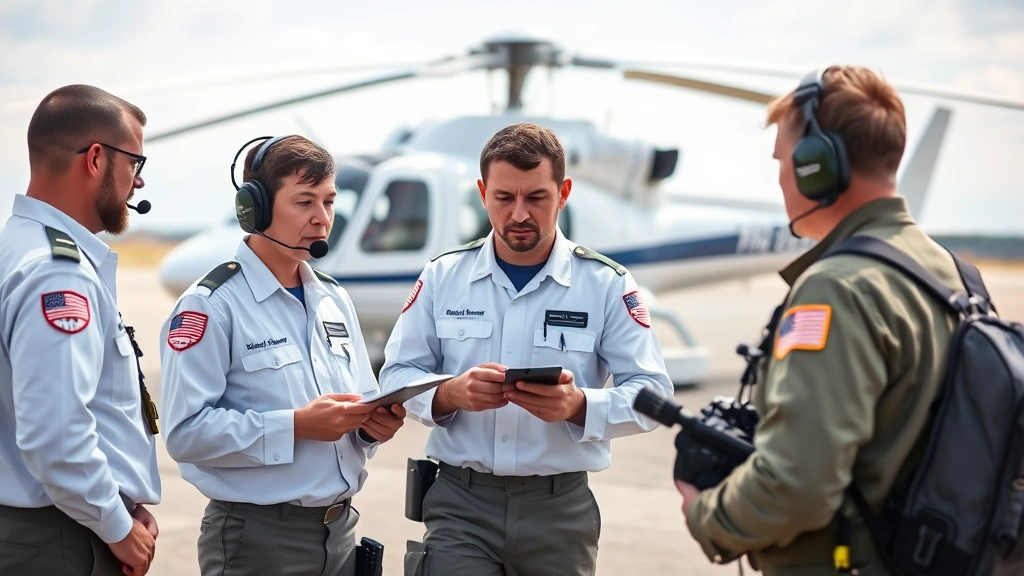 Team of flight medical professionals conducting pre-flight safety briefing near helicopter, checking gear and communication equipment, professional uniforms, serious focused demeanor, outdoor airfield setting with aircraft in background, teamwork emphasis